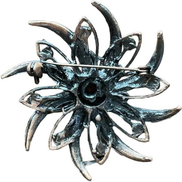 Vintage Starburst Rhinestone Brooch Pin With Red & Iridescent Crystals - Picture 4 of 5